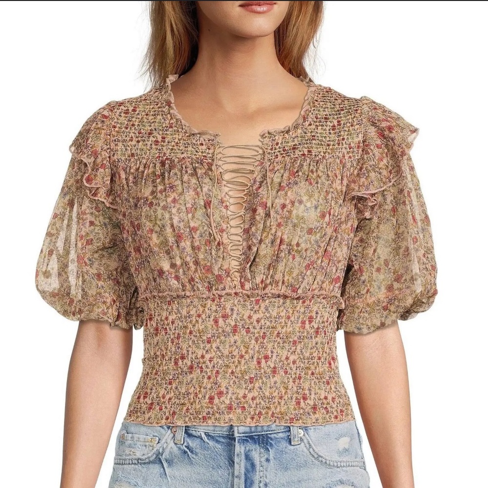 Free People Beatrice Top in Peach Combo Floral Boho Blouse Size XS